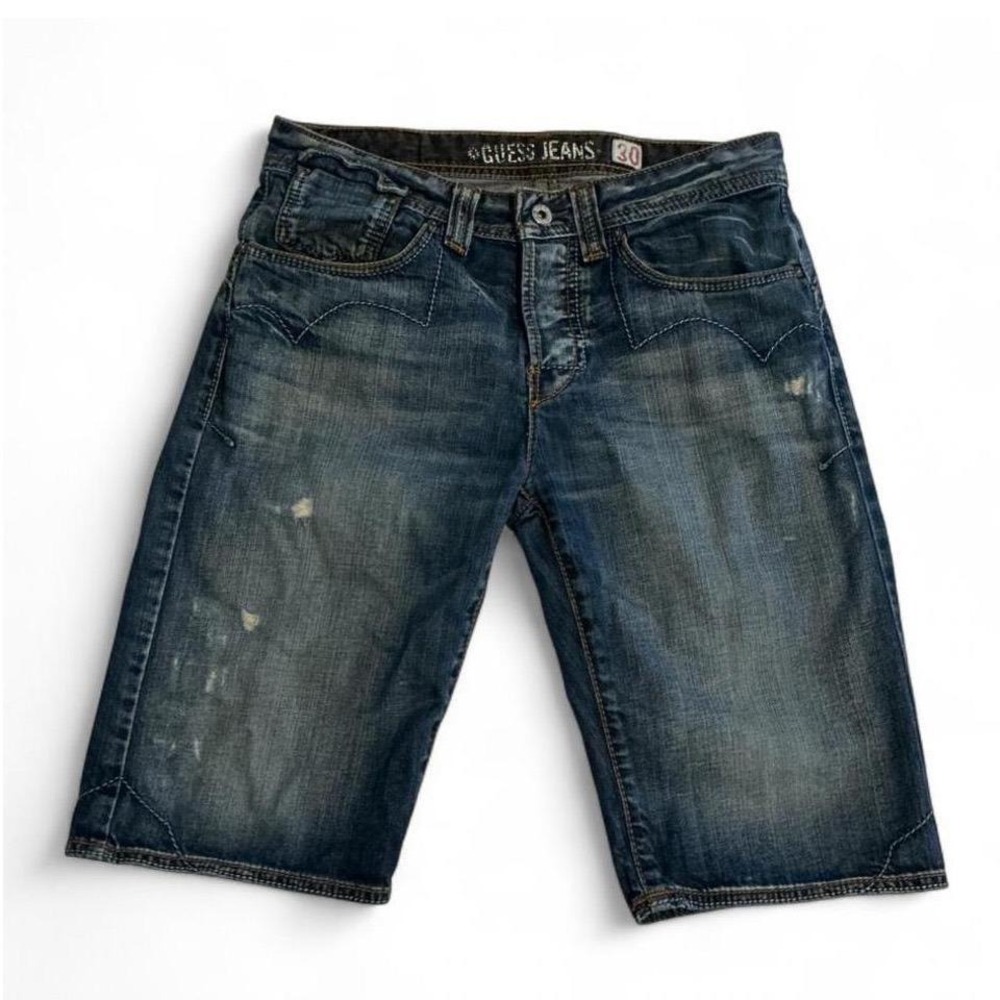 Guess Denim Shorts Mens 30 Blue Distressed Button Fly Jorts M71H2991 - Picture 1 of 8